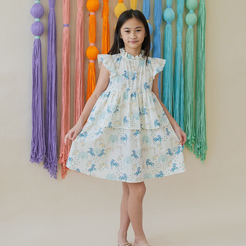 Zodiac Series - Girls Cheongsam in Teal Carnival Horse Print by Le Petit Society