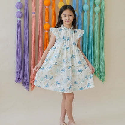 Zodiac Series - Girls Cheongsam in Teal Carnival Horse Print by Le Petit Society