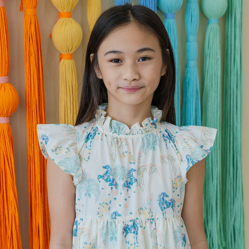Zodiac Series - Girls Cheongsam in Teal Carnival Horse Print by Le Petit Society — image 2