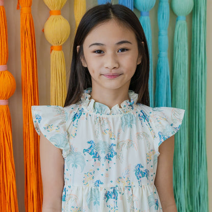 Zodiac Series - Girls Cheongsam in Teal Carnival Horse Print by Le Petit Society — image 2