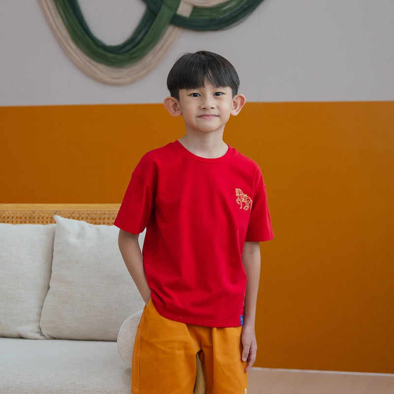 Zodiac Series - Kids Red Tee in Gold Horse Print by Le Petit Society