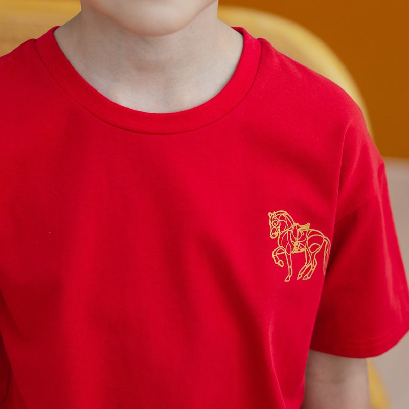 Zodiac Series - Kids Red Tee in Gold Horse Print by Le Petit Society — image 3