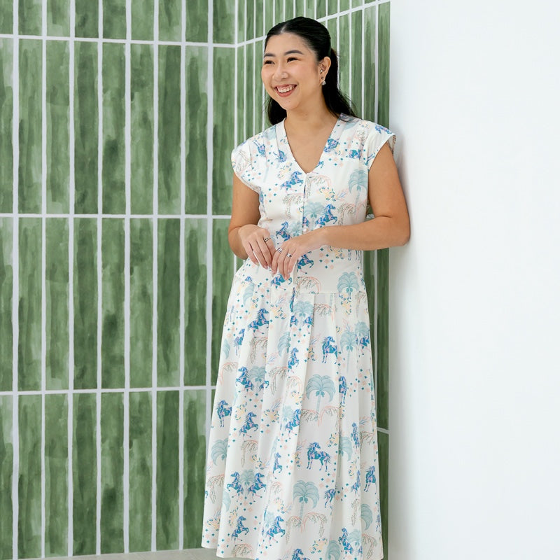 Zodiac Series - Ladies Dress in Teal Carnival Horse Print by Le Petit Society