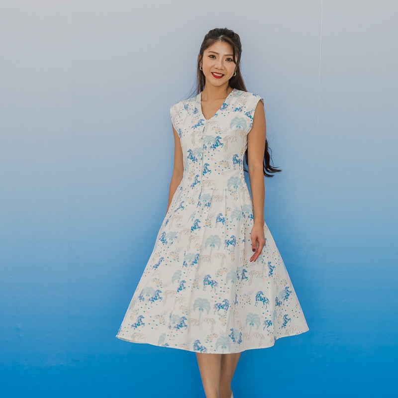 Zodiac Series - Ladies Dress in Teal Carnival Horse Print by Le Petit Society — image 4