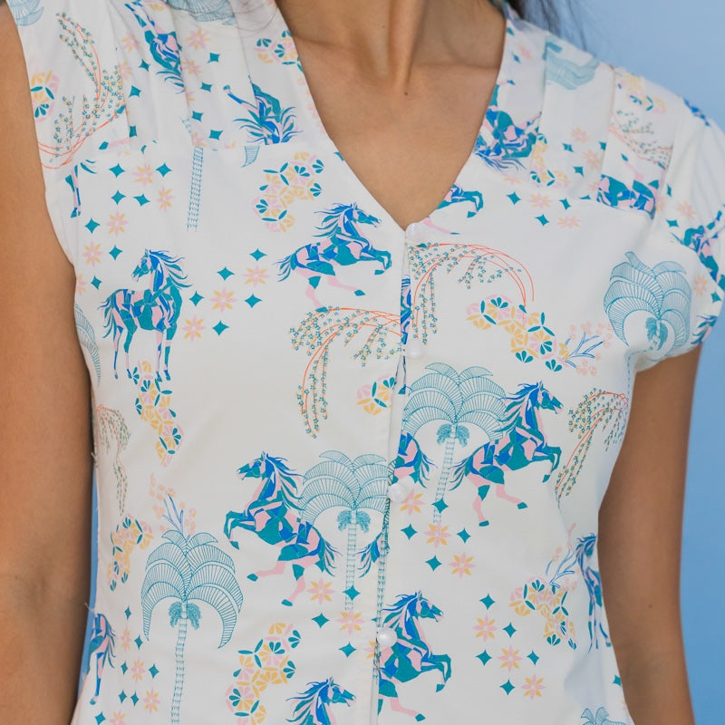 Zodiac Series - Ladies Dress in Teal Carnival Horse Print by Le Petit Society — image 5