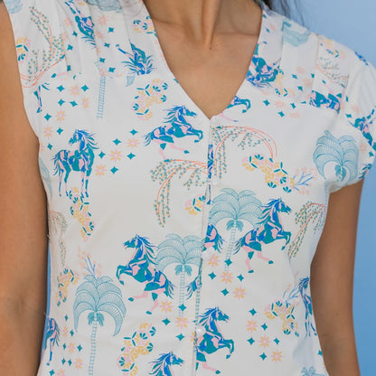 Zodiac Series - Ladies Dress in Teal Carnival Horse Print by Le Petit Society — image 5