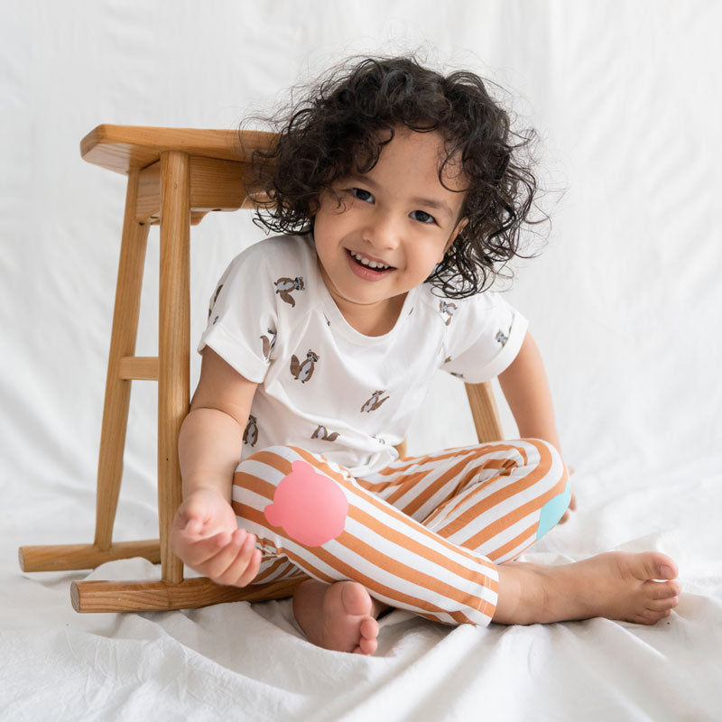 Kids Brown Striped Leggings with Panda Patches by Le Petit Society — image 2