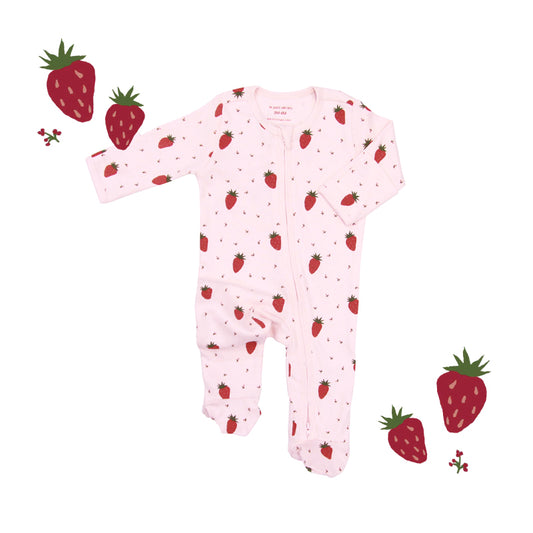 Baby Organic Zip Sleepsuit in Strawberry Print (Personalisable) by Le Petit Society