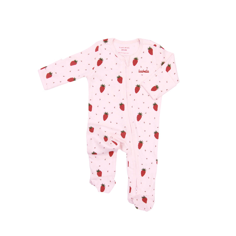 Baby Organic Zip Sleepsuit in Strawberry Print (Personalisable) by Le Petit Society — image 3