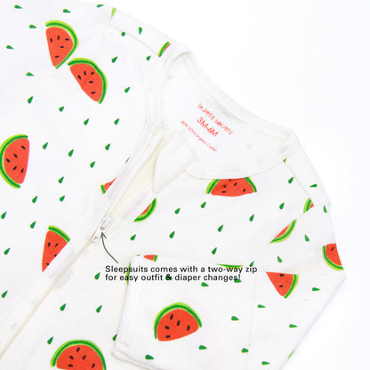 An infographic demonstrating the two-way zipper of a baby zip sleepsuit in watermelon print, and its function of providing an easy access to outfit and diaper changes.