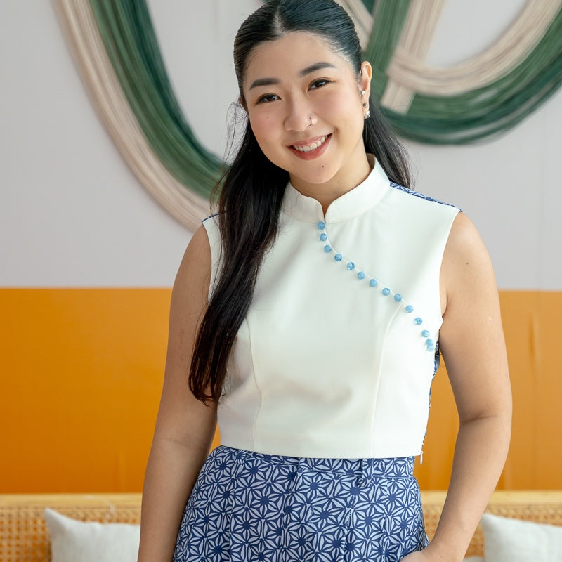 Oriental Series - Ladies Cheongsam Top in Navy Wagara Print by Le Petit Society