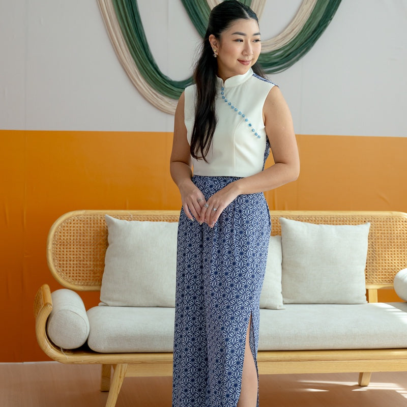Oriental Series - Ladies Cheongsam Top in Navy Wagara Print by Le Petit Society — image 2