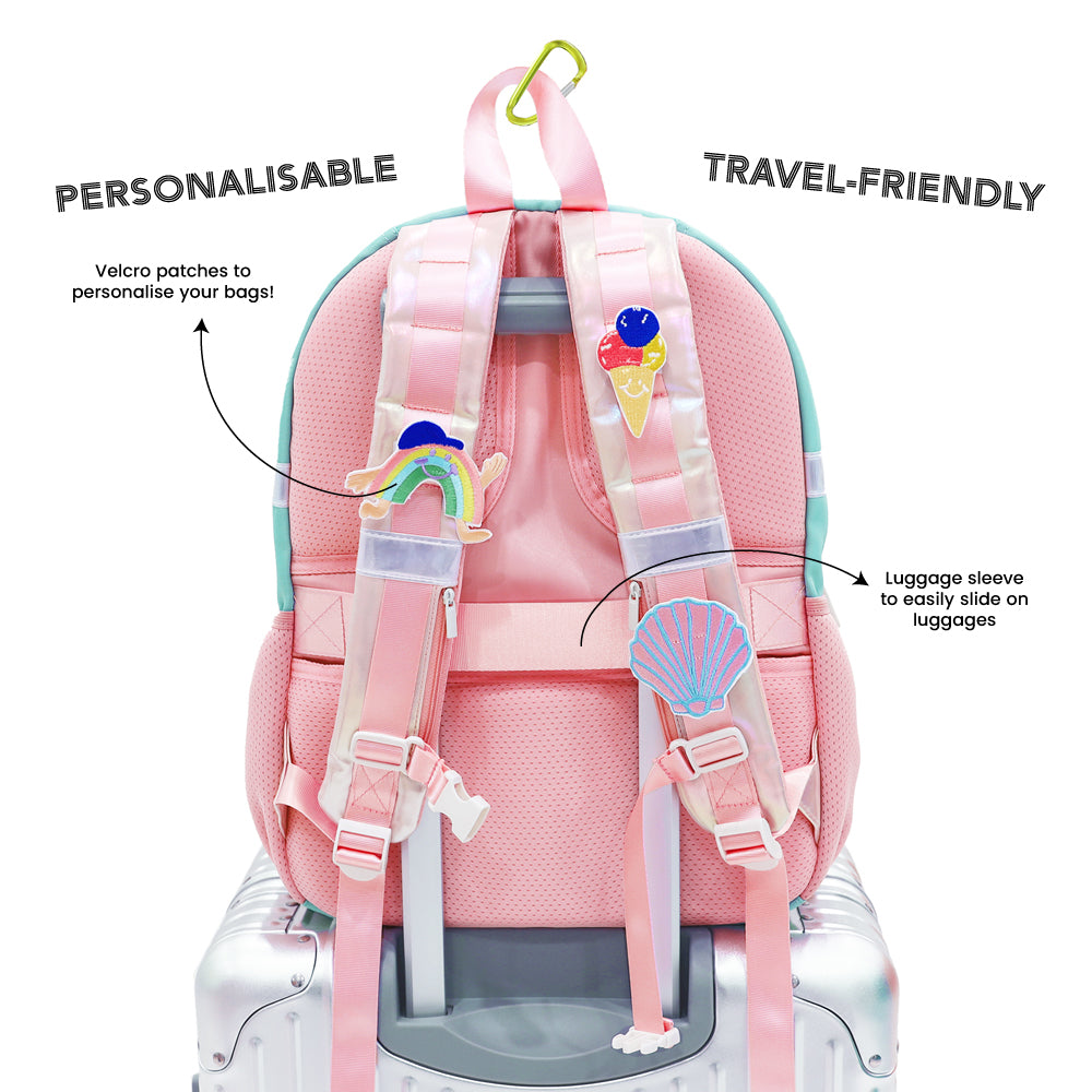 The personalisable and travel-friendly aspects of the LPS kids single pocket school bag.