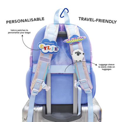 Infographic showing the personalisable and travel-friendly aspects of the LPS kids single pocket school bag.