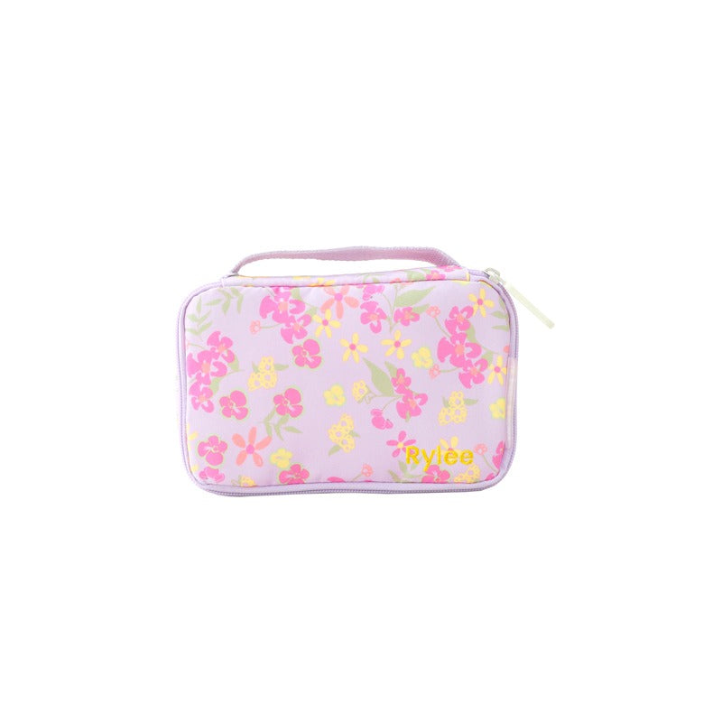 A purple pencil case with a pink and yellow floral print and personalised name embroidery.