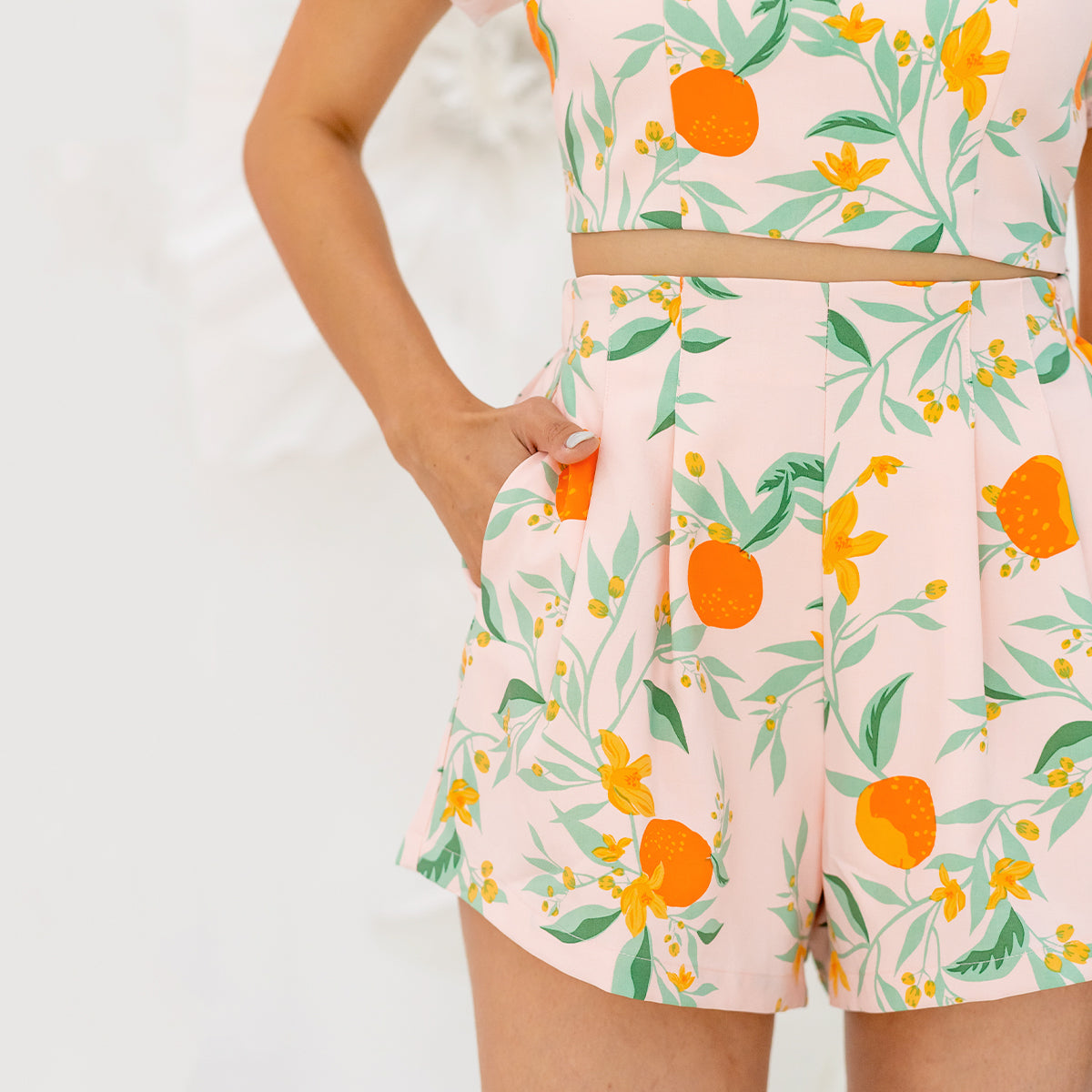 Mandarin Orange Series - Ladies High Waist Shorts in Pink by Le Petit Society — image 2