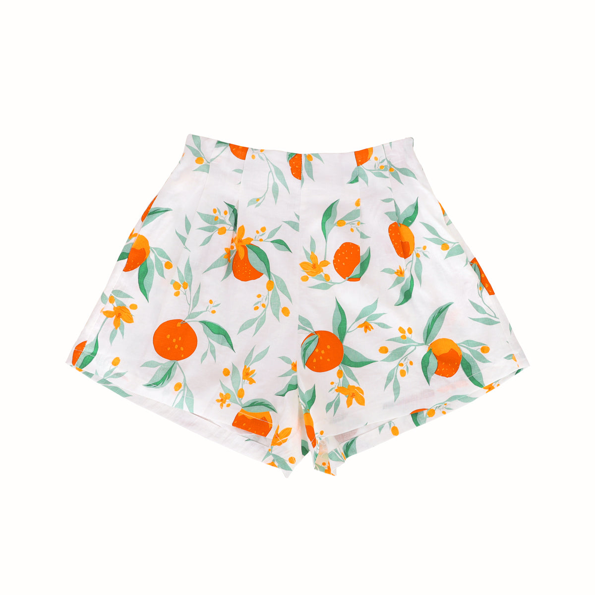 Mandarin Orange Series - Ladies High Waist Shorts in White Floral Orange Print by Le Petit Society — image 2