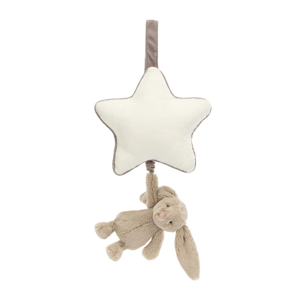 A front view of a soft star-shaped musical pull toy with a plush beige bunny hanging below, perfect for cribs or strollers. Calming and cuddly nursery accessory designed to soothe babies with gentle melodies.