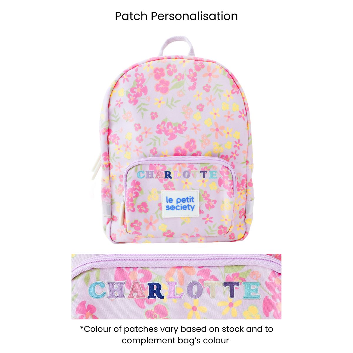 A purple preschool bag with a floral print and personalised name patches.