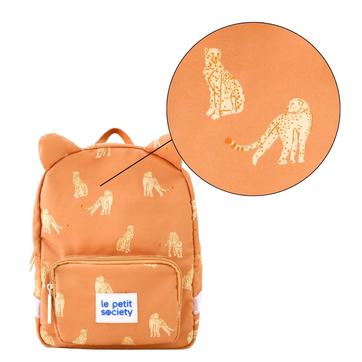 A close-up of the leopard print of a preschool bag.