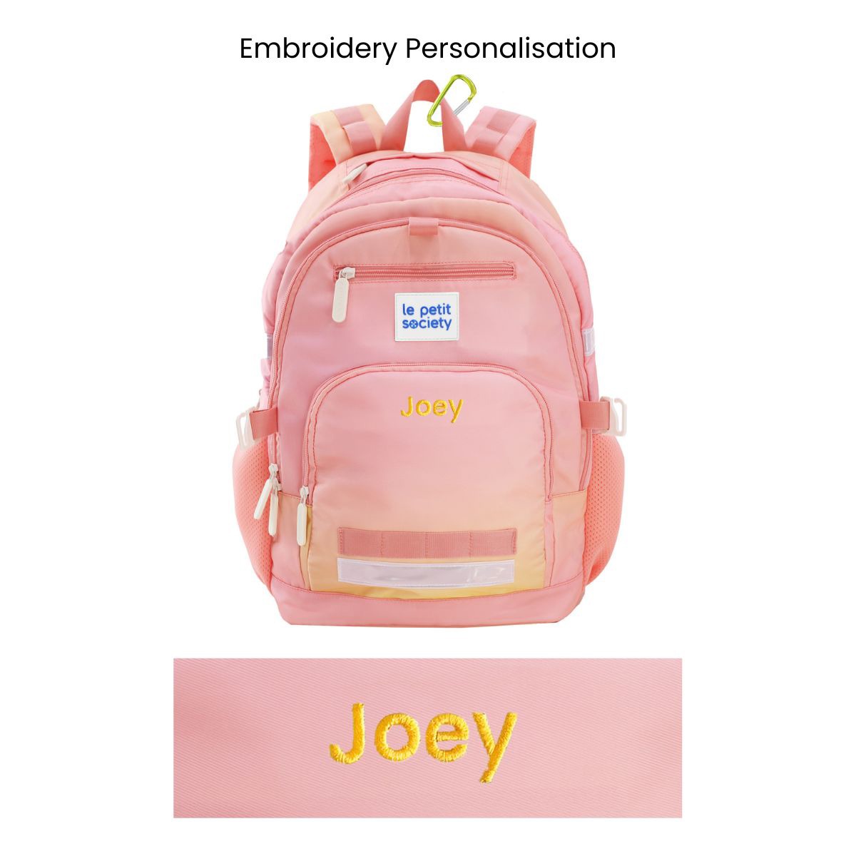 The LPS kids double pocket school bag with an ombre pink and yellow design and personalised name embroidery.