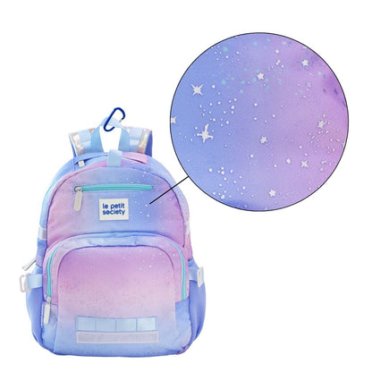 A close-up of the galaxy print on the LPS kids single pocket school bag.