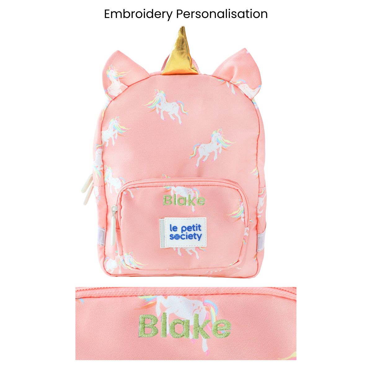 A pink preschool bag with a unicorn print and personalised name embroidery.