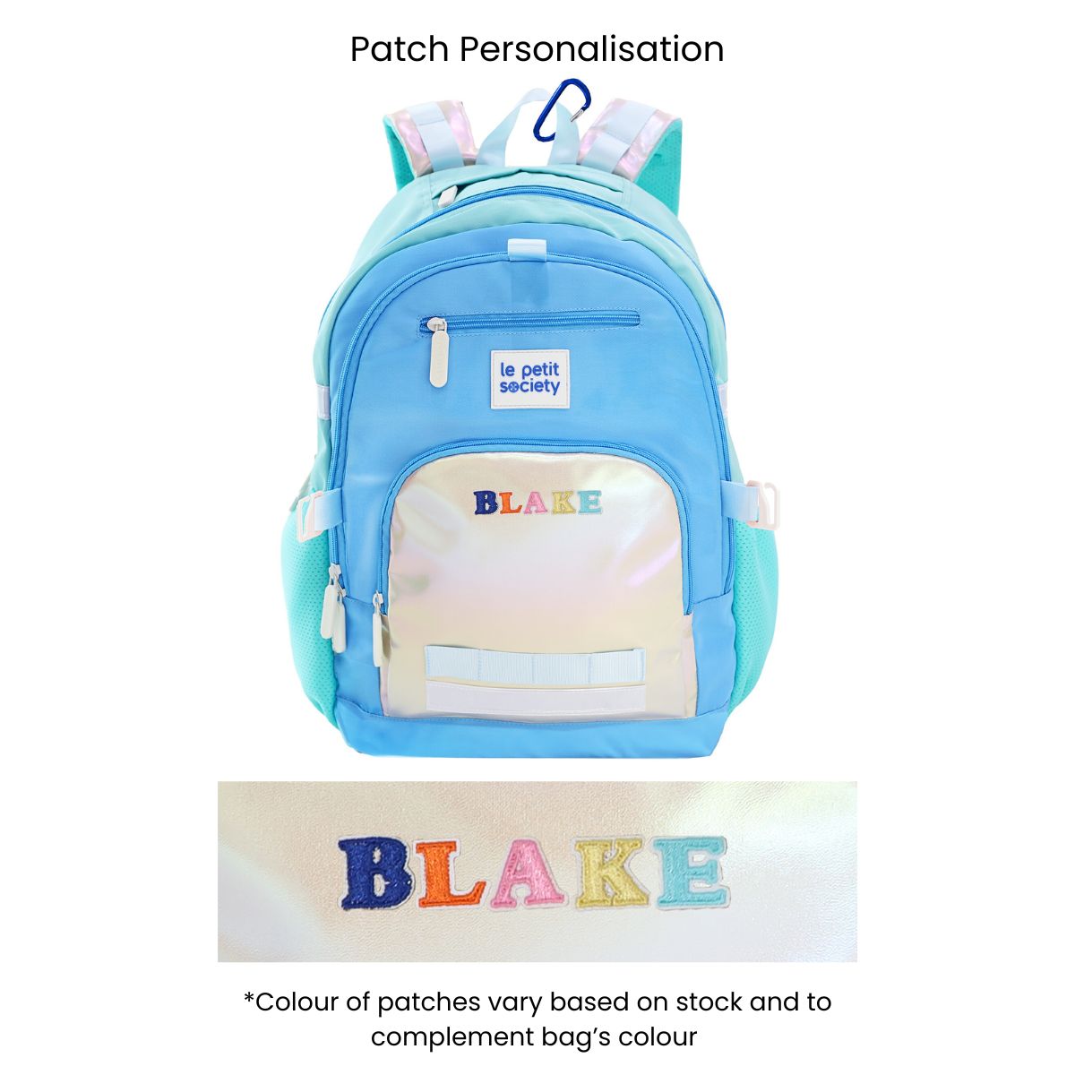 The LPS kids double pocket school bag in blue and silver, with personalised name patches at the front.