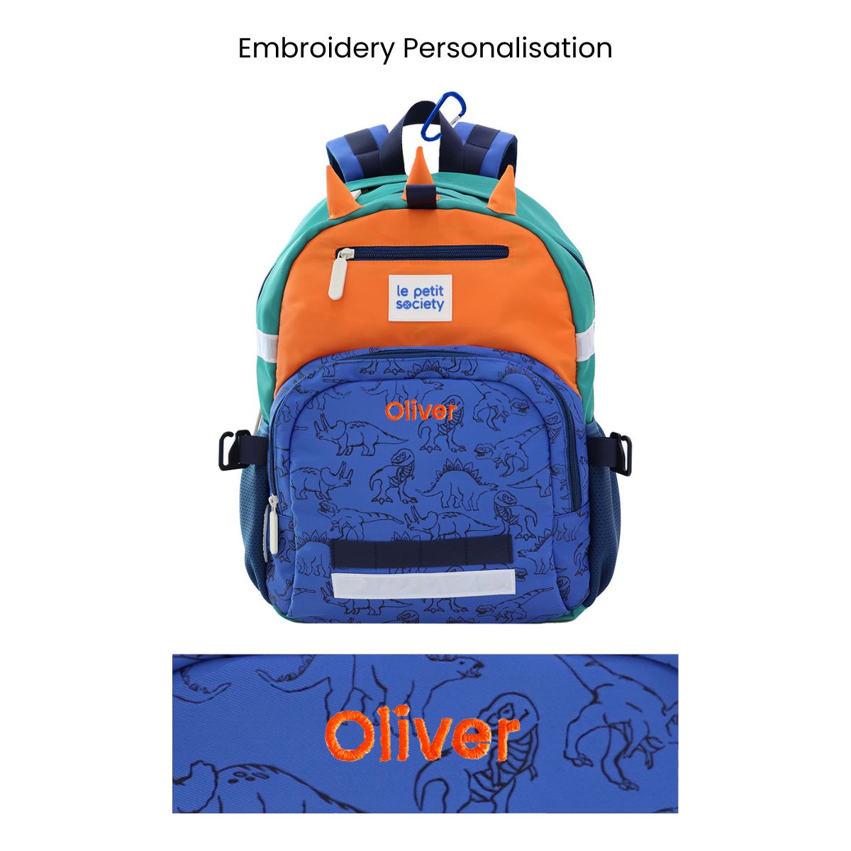 The LPS kids single pocket school bag with a dinosaur print and personalised name embroidery.