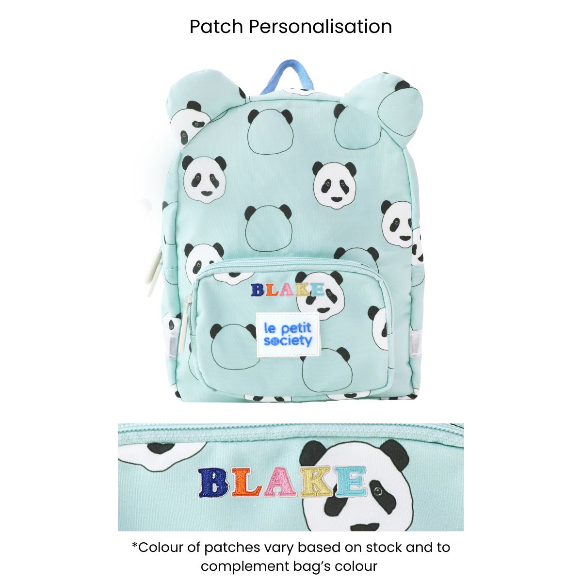 A mint green preschool bag with a panda print and personalised name patches.