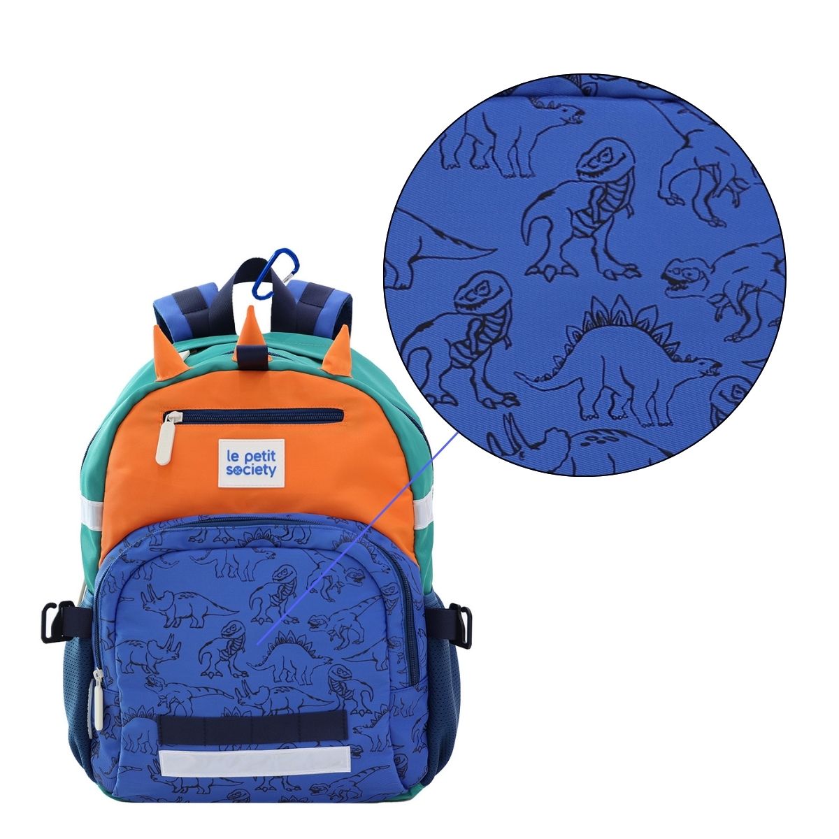 A close up of the dinosaur print of the LPS kids single pocket school bag.