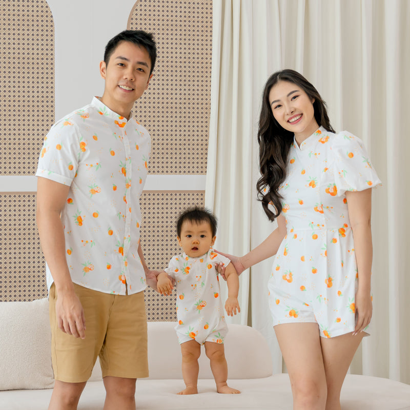Mandarin Orange Series - Baby Boy Jersey Romper in White by Le Petit Society — image 3