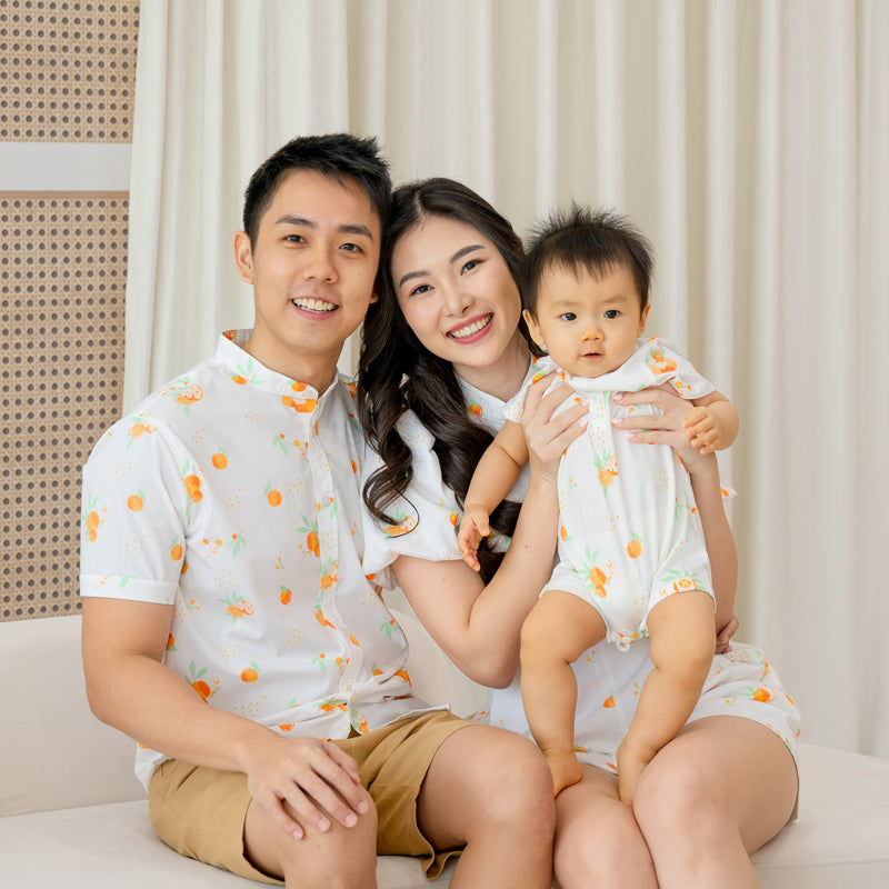 Mandarin Orange Series - Baby Boy Jersey Romper in White by Le Petit Society — image 2