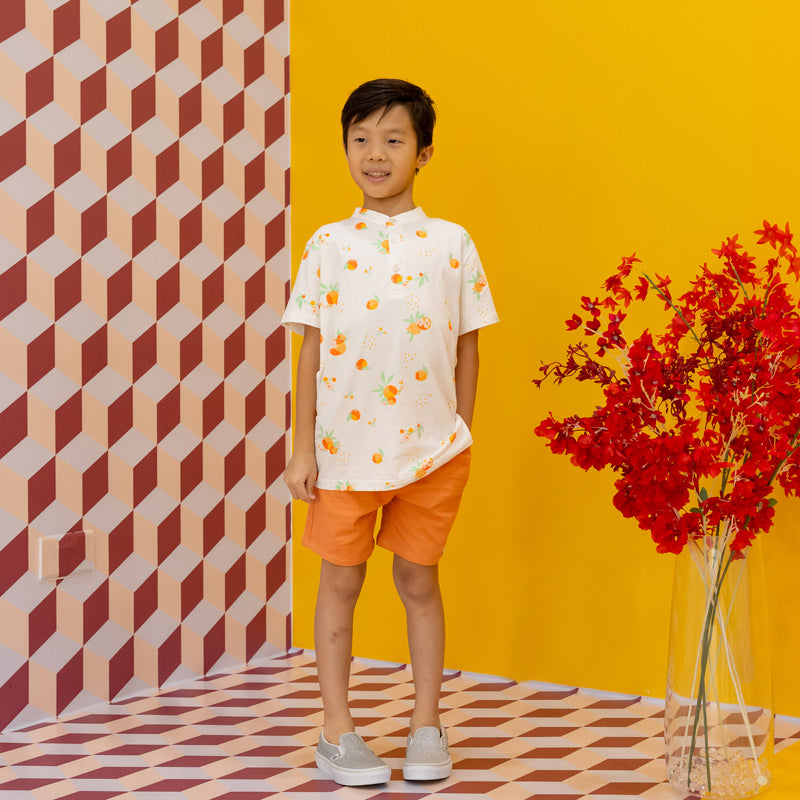 Mandarin Orange Series - Boy's Jersey Shirt in White by Le Petit Society — image 2