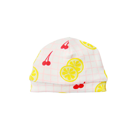 Organic Baby Hat in Lemon & Cherry Print (Personalisable) by Le Petit Society
