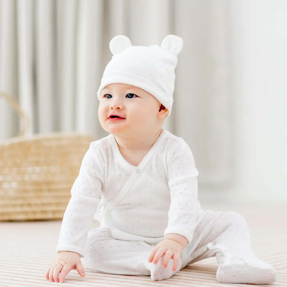Organic Baby Long Sleeve Kimono Sleepsuit in White by Le Petit Society — image 15