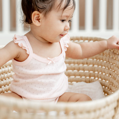 Organic Baby Ruffle Strap Romper in Pink by Le Petit Society — image 5