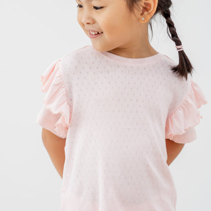 Organic Kids Ruffle Short Sleeves PJ Set in Pink by Le Petit Society — image 3