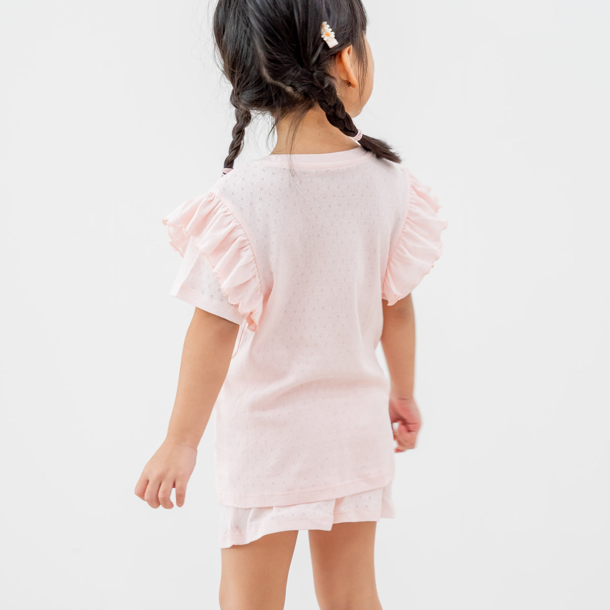 Organic Kids Ruffle Short Sleeves PJ Set in Pink by Le Petit Society — image 4