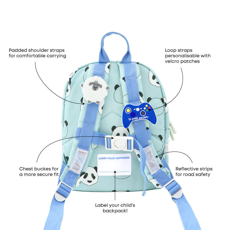 The various features of a mint green preschool bag.