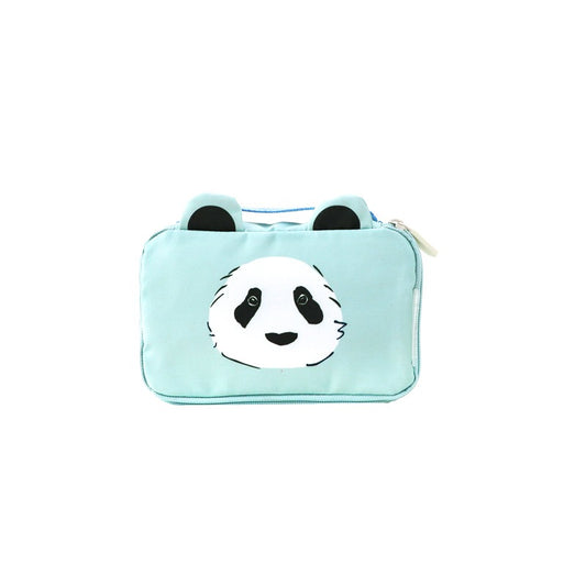 A mint blue pencil case and pouch with a panda print and pair of ears.