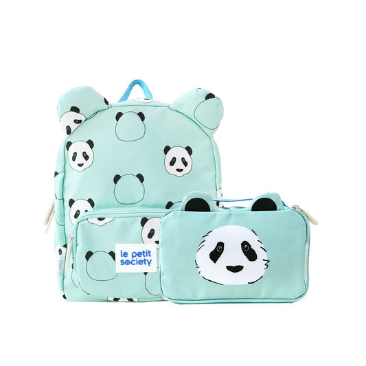 A mint green preschool bag and pencil case with a panda print and a pair of ears.