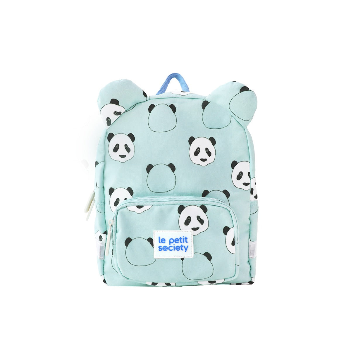 A mint green preschool bag with panda print and a pair of ears.