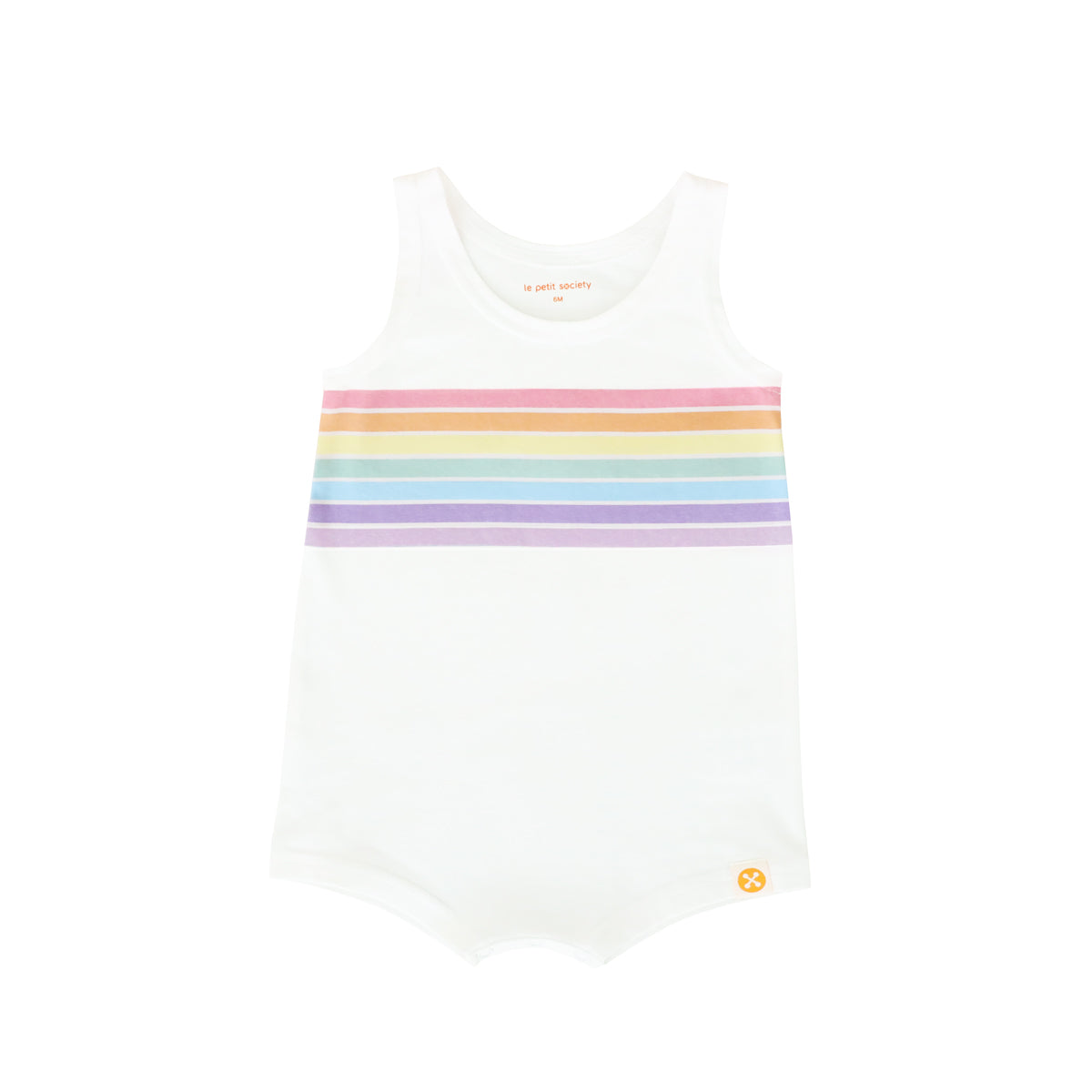 A sleeveless baby romper in pastel rainbow print from Le Petit Society's rainbow series.