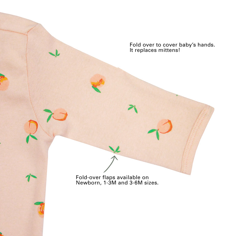 An infographic showing the mittens of an organic baby zip sleepsuit, which come with fold over flaps to cover a baby's hands and keep them warm.