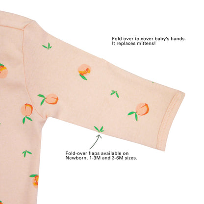 An infographic showing the mittens of an organic baby zip sleepsuit, which come with fold over flaps to cover a baby's hands and keep them warm.