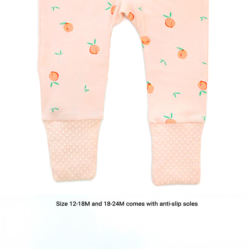 An infographic demonstrating the anti-slip soles of a coral pink baby zip sleepsuit by Le Petit Society.