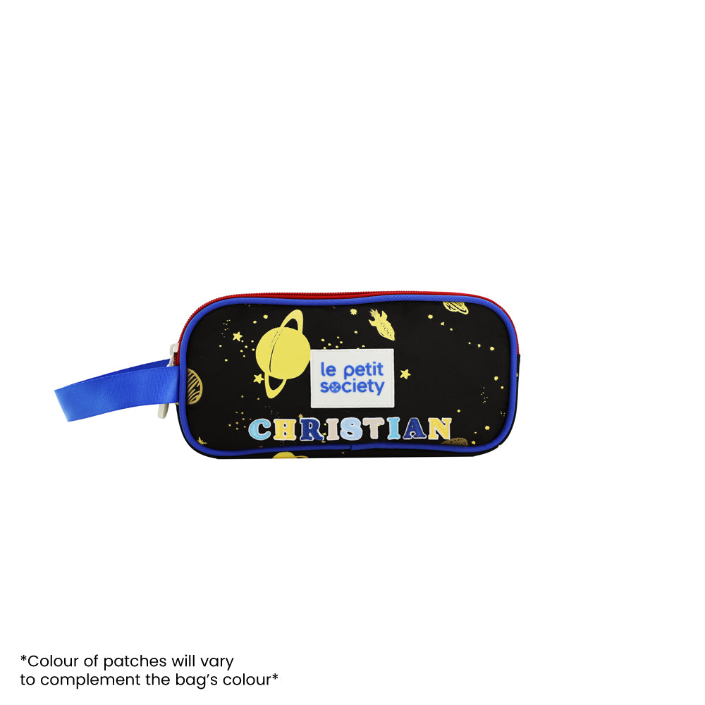 A black and red pencil case with an outer space and planets print, and personalised with name patches.