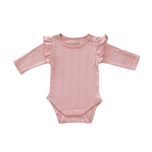 Baby Girl Long Sleeve Ruffle Romper in Plum Pointelle Cotton by Le Petit Society