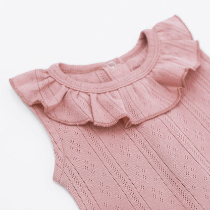 Baby Girl Ruffle Top in Plum Pointelle Cotton by Le Petit Society — image 3